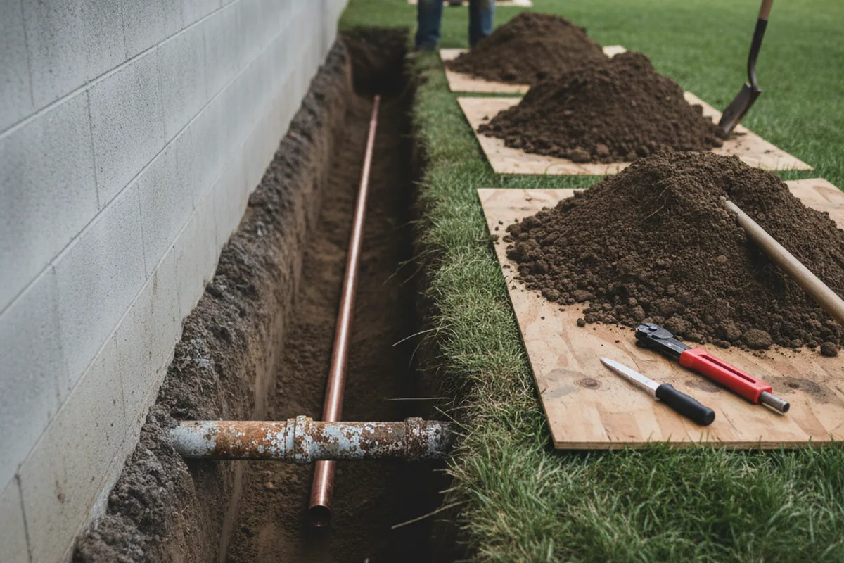 Excavated water line trench during Sewer Line Repair in Green Pond
